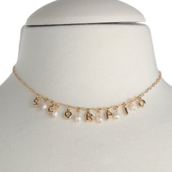 NWT LUNA NORTE Scorpio Gold Tone Astrological Pearl Letter Necklace w/ Gift Box - Picture 2 of 6